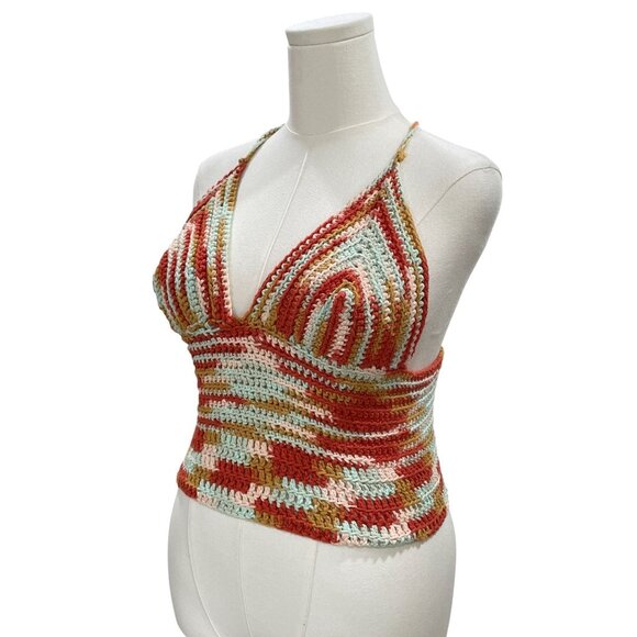 Crochet Halter Top Y2K Festival Boho Striped Knit Backless Summer Top Handmade - Picture 5 of 8